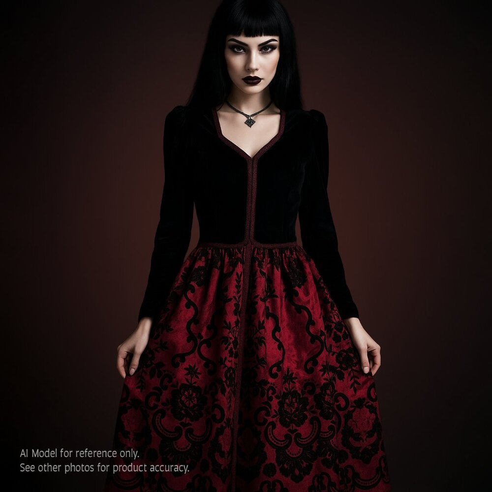 Vintage-Inspired Black & Burgundy Velvet Gothic Dress